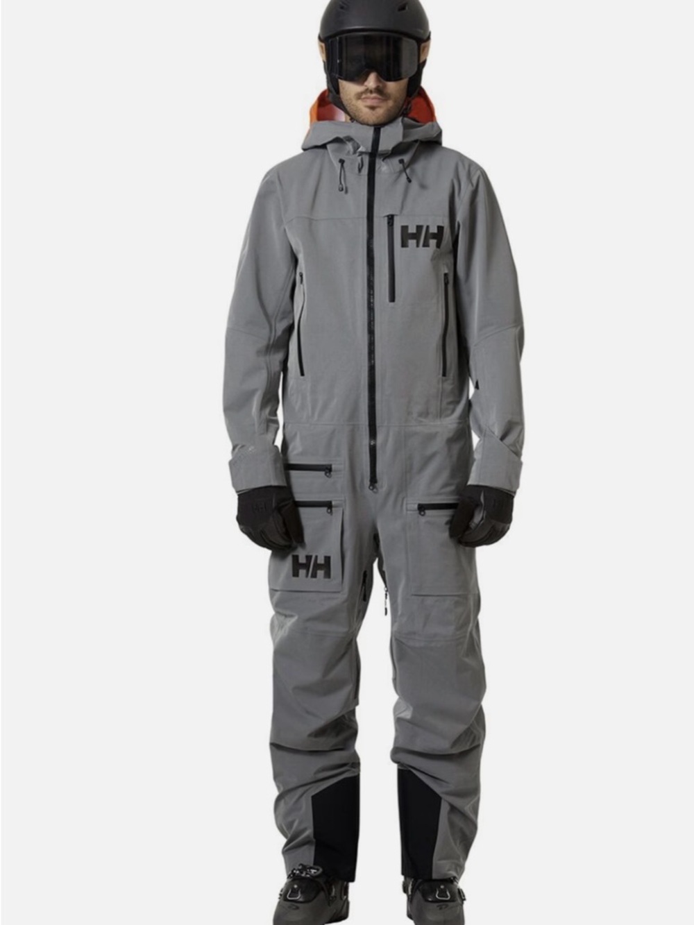 Helly Hansen Light Gray Waterproof Ski One-Piece with Orange Hood Lining